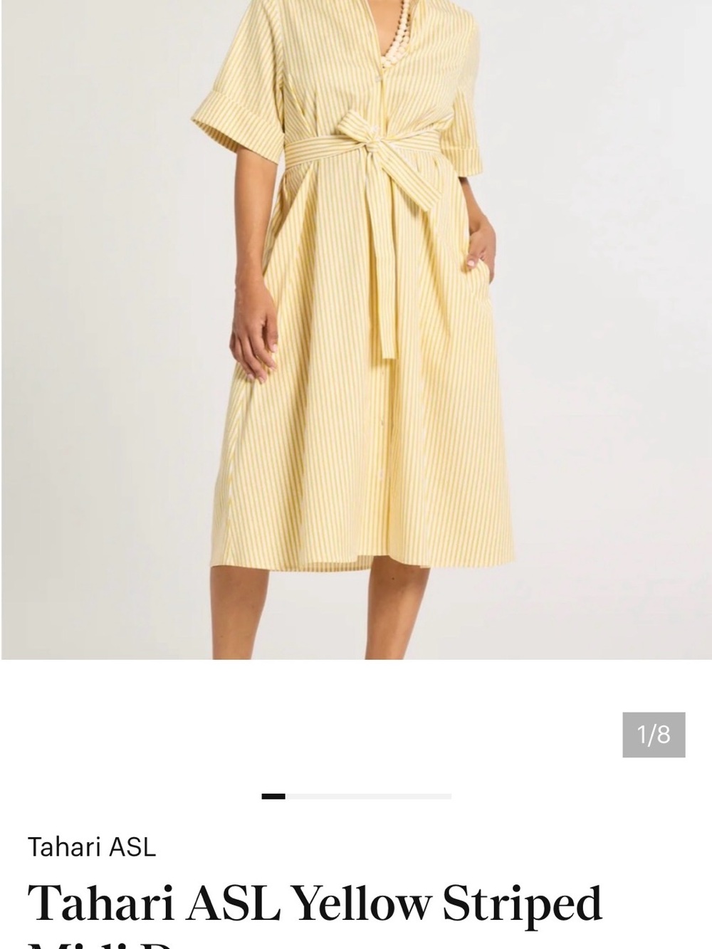 Tahari ASL Pale Yellow Striped Tie-Waist Midi Dress size 12